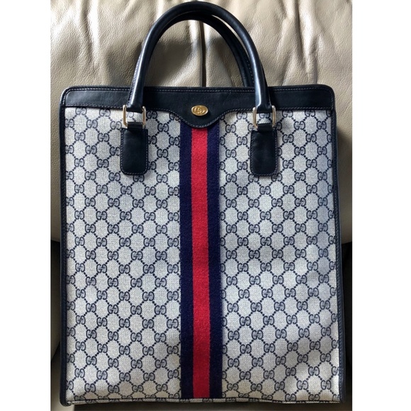 Gucci Handbags - Authentic Vintage Gucci Web Sherry Line Monogram Navy Leather Zip Tote with COA